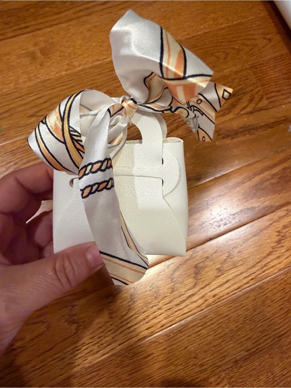 White Mini Handbag charm/ear bud holder with Cream & Peach Scarf Accent